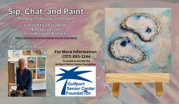 Sip, Chat, & Paint event. Monday, February 3rd at 6pm. 14 x 14 painting of oyster shells.