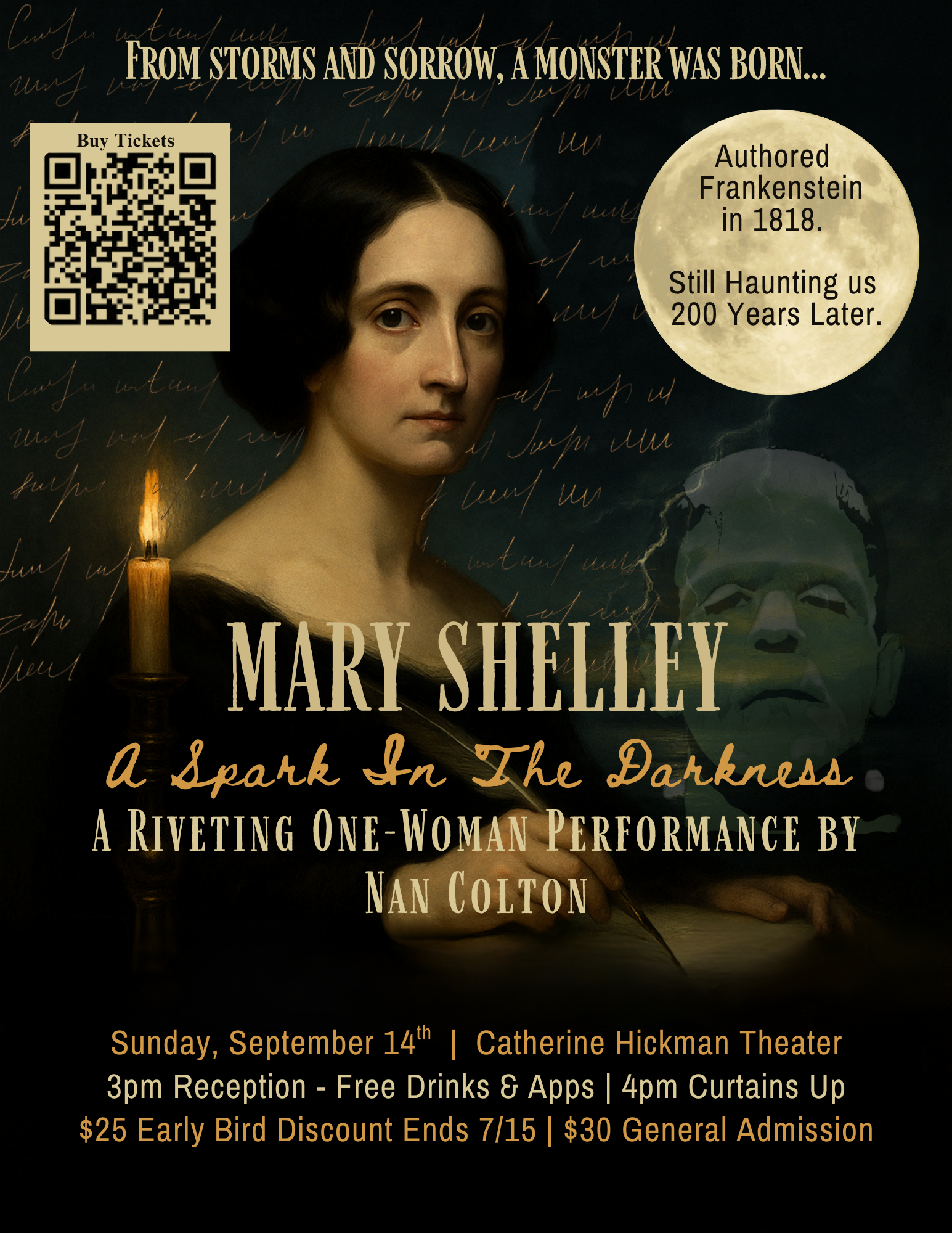 Nan Colton as Mary Shelley, author of Frankenstein, Sunday September 14th at The Catherine Hickman Theater