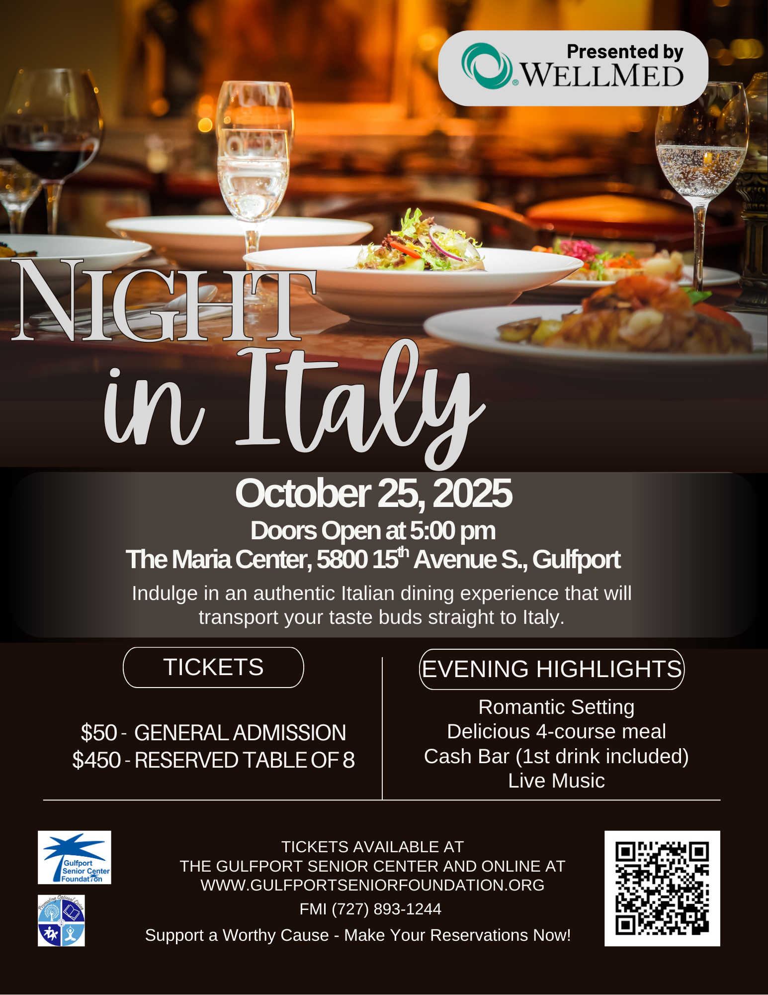 Night in Italy Authentic Italian Dining Experience October 25th, 2025 at the Maria Center